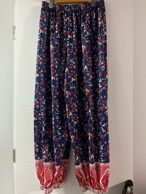 Navy Floral Boho Harem Pants with Red Border